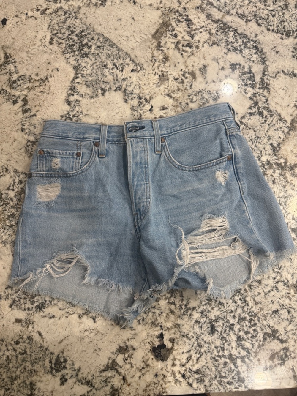 Levi 501 Light Blue Distressed Denim Shorts - Casual Summer Cutoffs